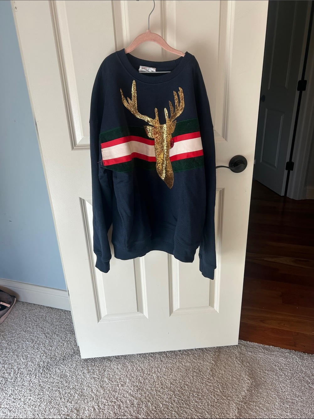 Judith March Navy Sweatshirt with Gold Sequin Stag and Stripe Detail